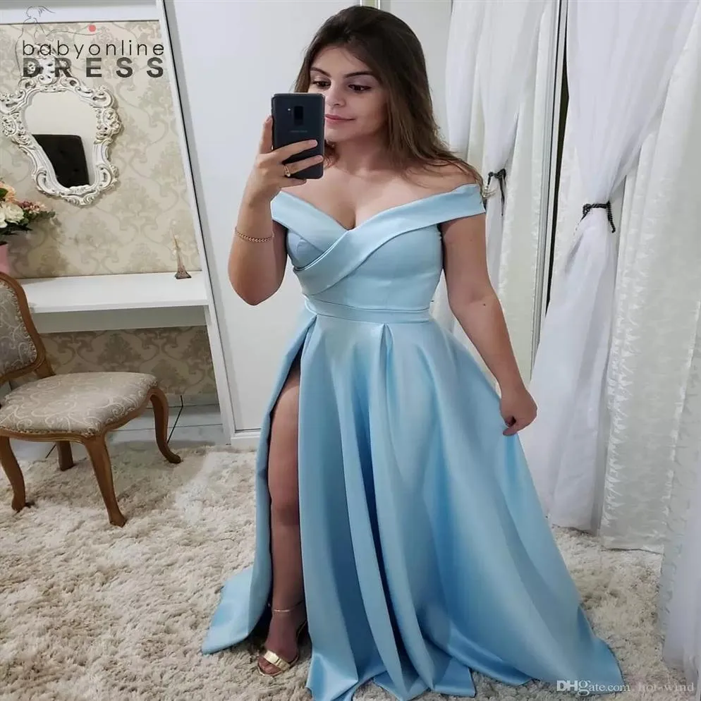 Élégant Femmes Robes De Soirée Simple Élégant Lumière Bleu Ciel Hors Épaules Ruché Haute Split Longue Robe De Soirée De Bal250B