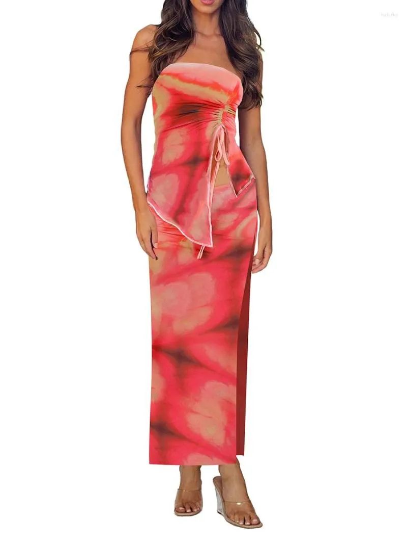 Conjunto de saias curtas femininas com estampa floral e saia maxi de cintura alta - Tubo sem mangas com cordão para verão, casual, longo
