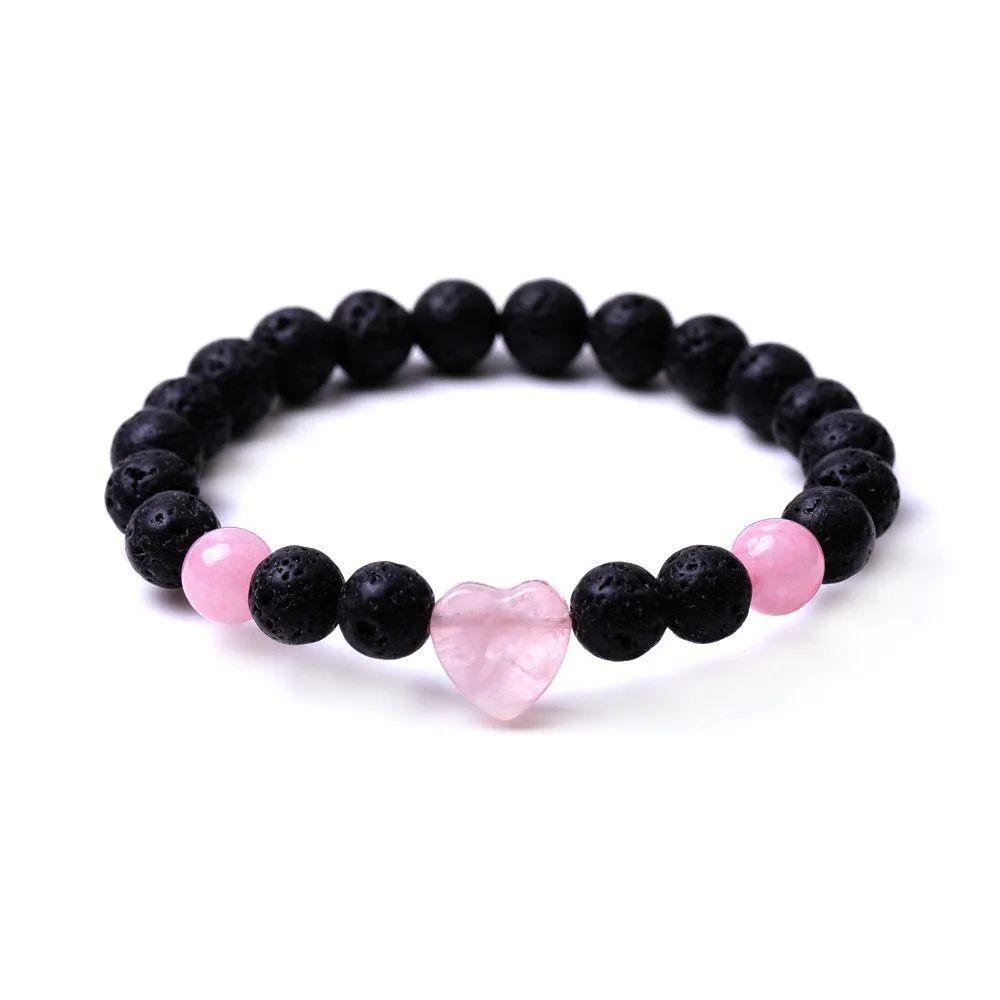 Con cuentas de 8 mm de piedra de lava negra Colorf Pulsera en forma de corazón Ojo de tigre Brazalete de cuarzo rosa para mujeres Joyería de yoga Pulseras de entrega de gota Dhoj3