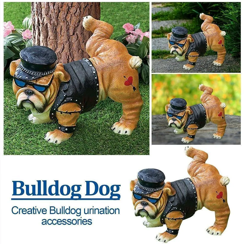 Gartendekorationen Tough Guy Bulldog Pinkelnder Hund Statue mit Sonnenbrille Nordische kreative lustige Tiere Zwerg Dekoration Skulptur 230721
