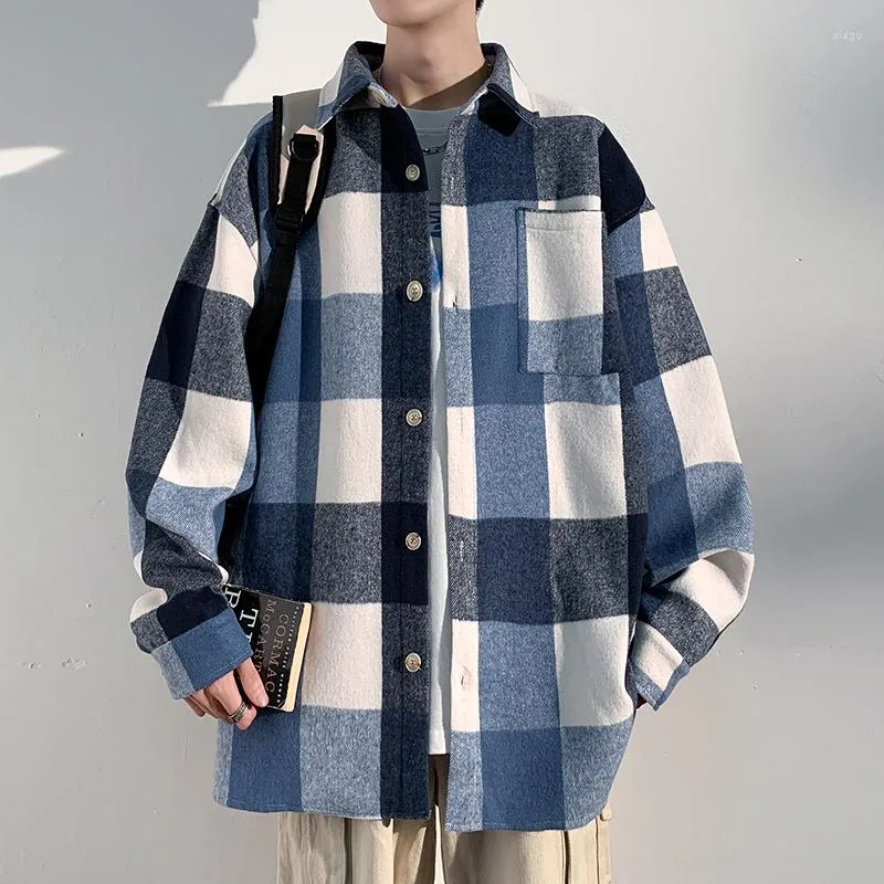 Men's Jackets Autumn College Style Plaid Jacket Men Loose Fashion Women's Shirt Woolen Hip Hop Male Korean Couple Coat 2023 S