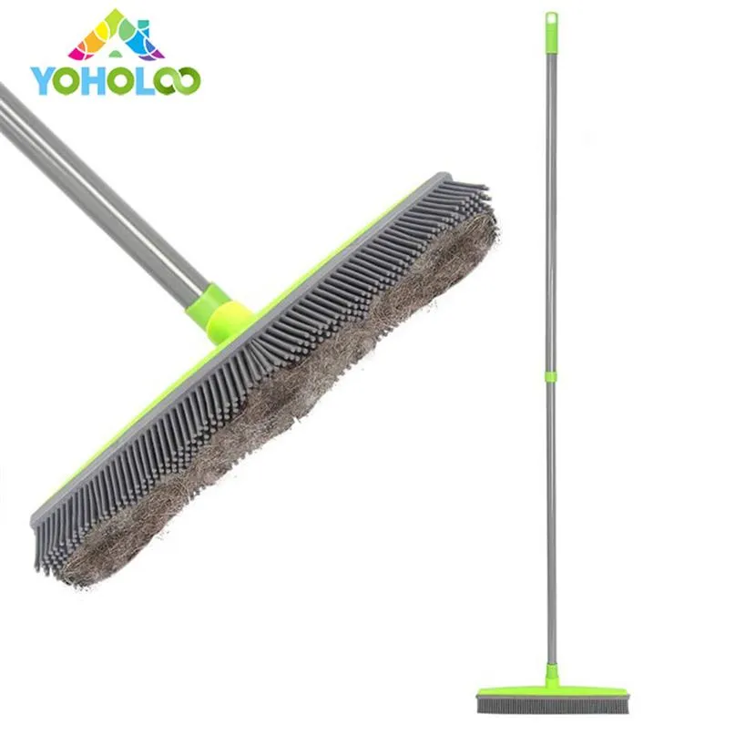 2019 Long Push Rubber Broom Bristles Sweeper Squeegee Scratch Bristle Broom for Pet Cat Dog Hair Carpet Hardwood Windows Clea261E