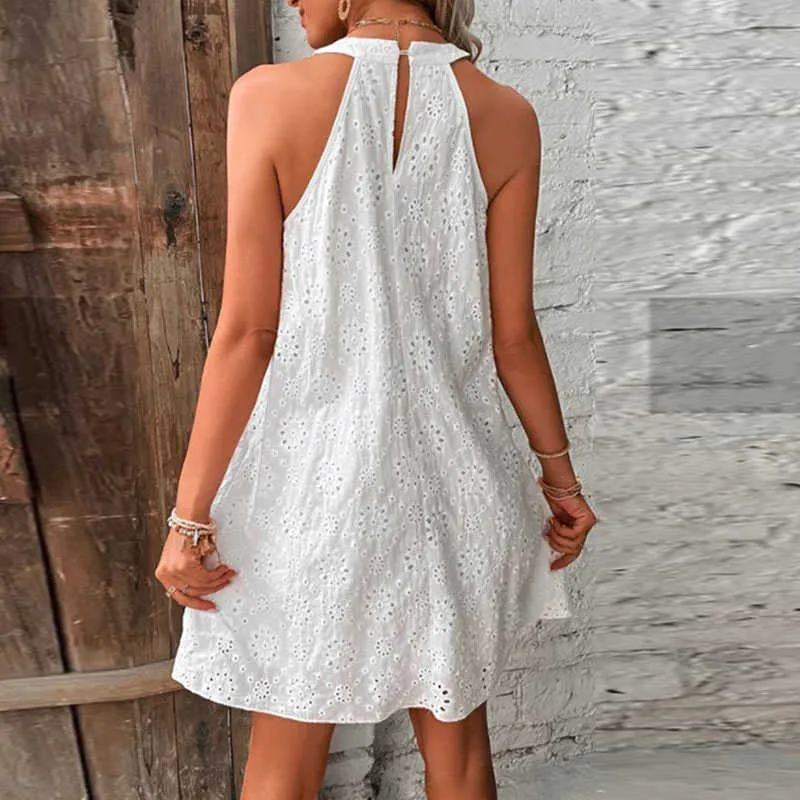 فستان مصغر للسيدات الجديد 2024 الصيف غير الرسمي يا رقبة بلا أكمام ، فساتين خطية أنثى أزياء العطلة الشاطئ