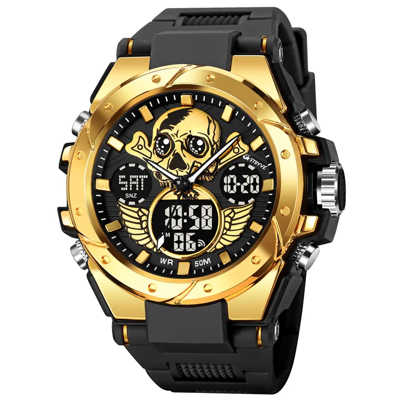 Nuevo reloj STRYVE para hombre, diseño creativo de calavera, reloj analógico Digital con doble pantalla, calendario, semana, cronómetro, reloj multifunción S8008