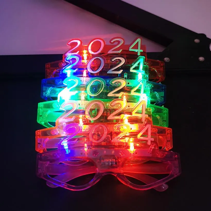 Decoração de festa LED ilumina 2024 Óculos brilhantes que piscam Óculos Rave Glow Obturador Óculos Óculos para Ano Novo Crianças Adultos Tamanhos