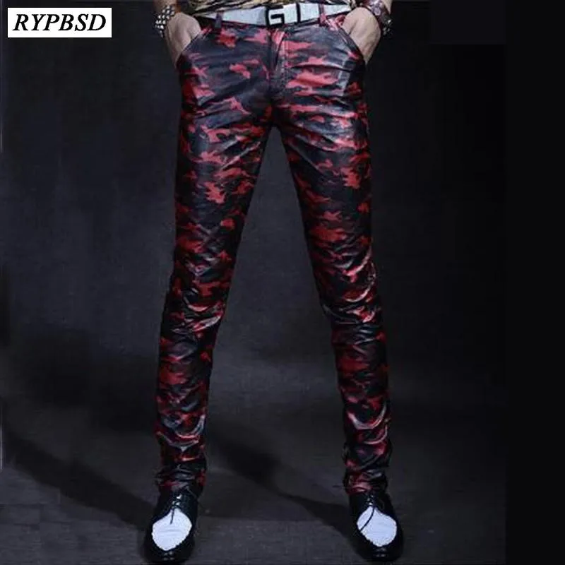 Hosen Männer Lederhosen 2022 Vintage Mode Haruku Slim Fit Reißverschluss Casual Camouflage PU Faux Leder Hosen Männer Skinny Hosener