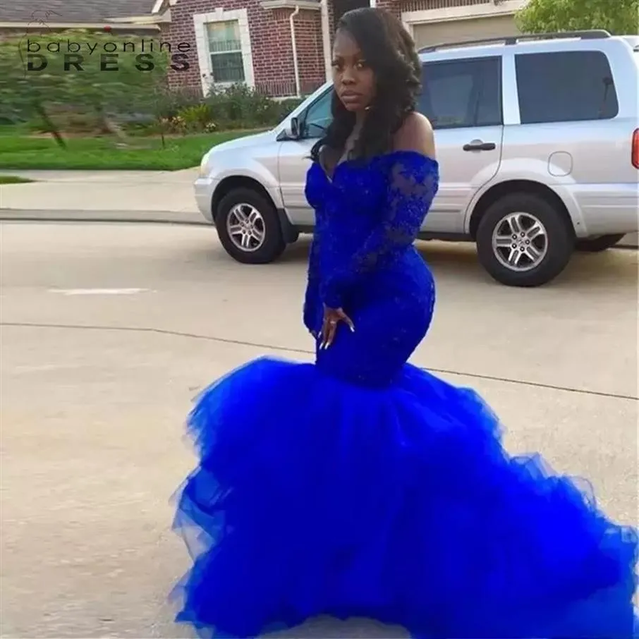 Abiti da ballo a maniche lunghe vintage blu royal Abiti da sera in tulle di pizzo elegante ragazza nera africana Plus Size Lady Evento formale Occasi214S