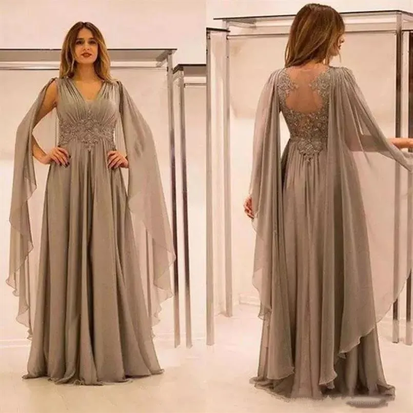 Elegant Chiffon Mother Of The Bride Dresses Lace Appliques Beads V Neck Evening Gowns Plus Size Illusion Back Wedding Guest Dress224T