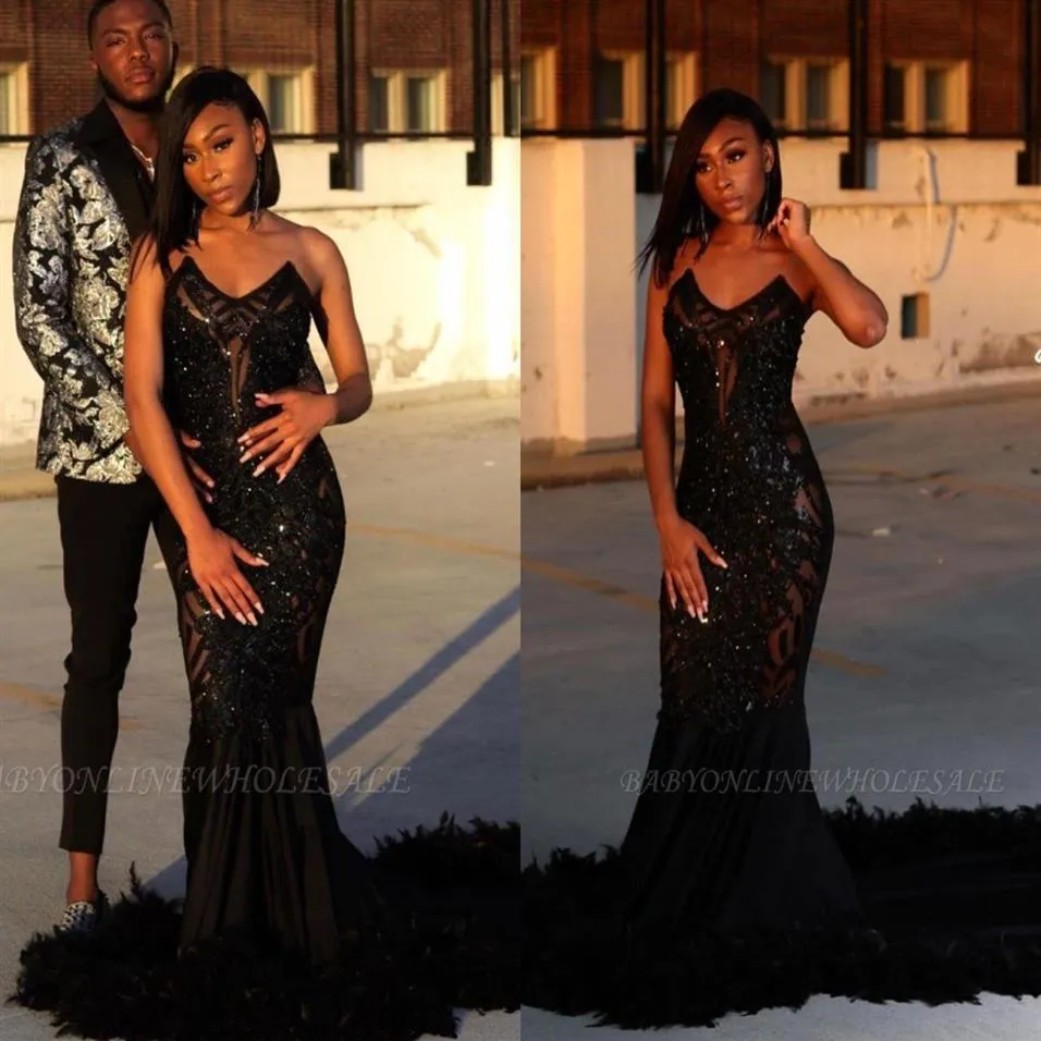 Black Sexy Mermaid Prom Dress Sweetheart Sequined Feather Long Evening Gowns Black Girls Junior Graduation Party Wears BC6052242f