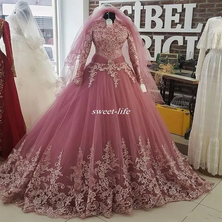 2020 musulman col haut à manches longues robes de mariée en dentelle Applique plus la taille Arabie saoudite robe de bal de mariée robe personnalisée de noiva2448