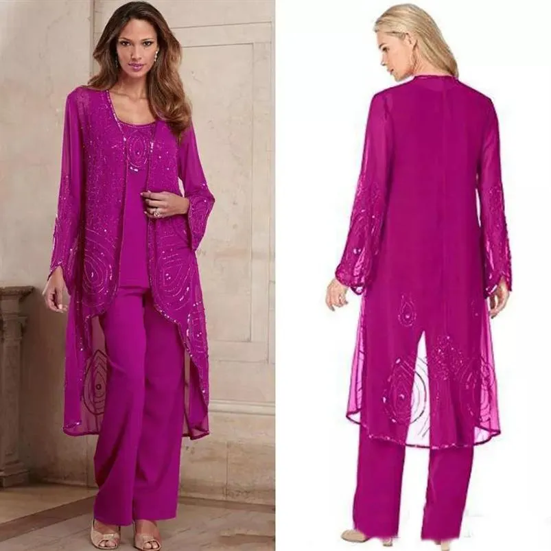 Plus Size Fuchsia Mother Of Bride Pant Suit Three Pieces Chiffon Mother Formal Wear Beaded Special Occasion Mothers Pantsuit With 347J