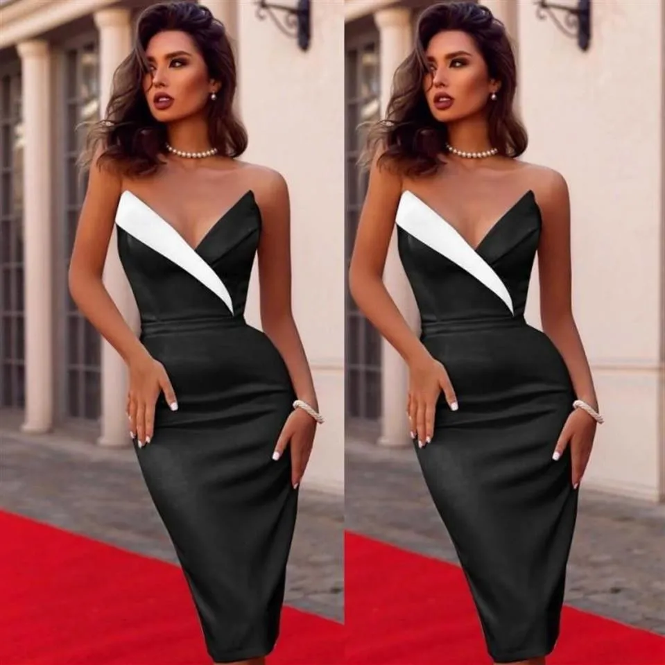 Simple Knee Length Short Prom Dresses with V Neck Sexy Sheath Evening Dress Satin Celebrity Cocktail Gowns Robe De Soiree2501