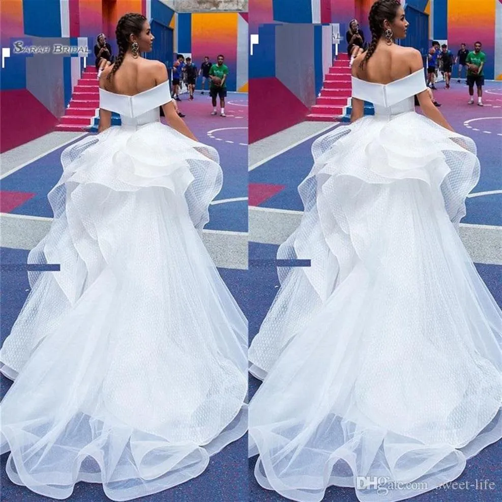 Long White Lace A Line Off Shoulder 2021 Tulle Bride Wedding Dress Bridal Wear robe de marriage Rufles Bridal Gowns200y