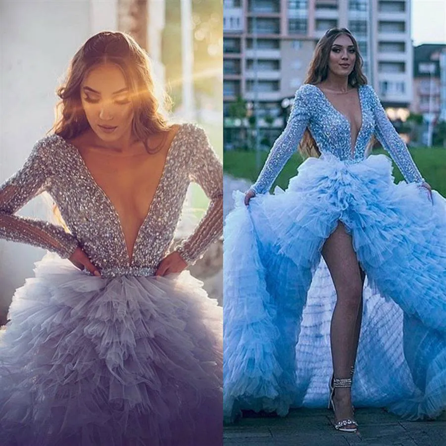 Sky Blue Long Sleeve High Low Evening Pageant Dresses 2020 Sparkly Crystal Beaded Top Ruffles Train Arabic Prom Formal Dress301k