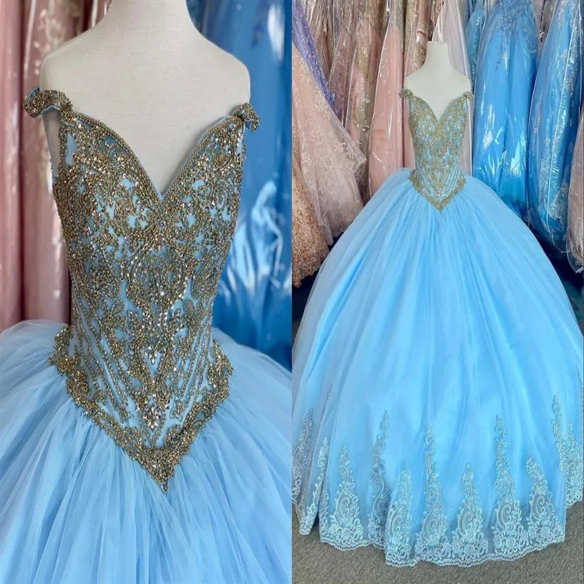 2022 Luxurious Gold Crystal Rhinestones Quinceanera Evening Party Dresses Light Blue Off the shoulder with Sleeves Tulle Lace Char2428