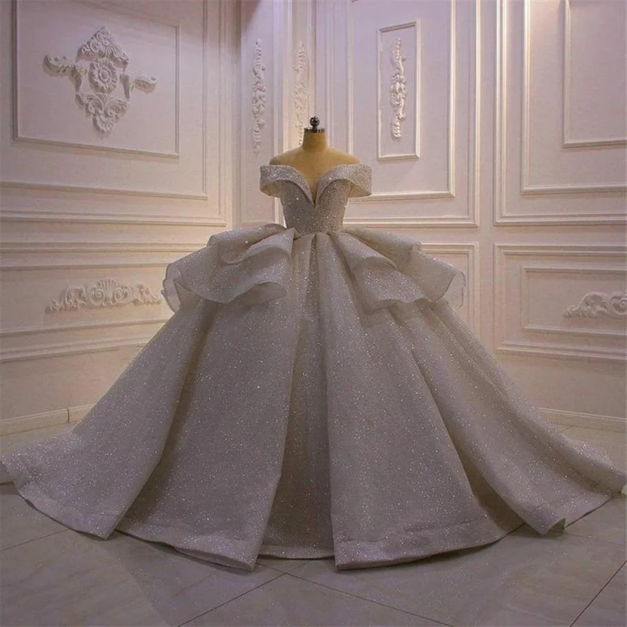 Elegante fuera del hombro sin mangas vestido de bola Vestidos de novia 2023 Luxy Impresionante capa de brillo Vestido de Novia Vestidos de novia 348c