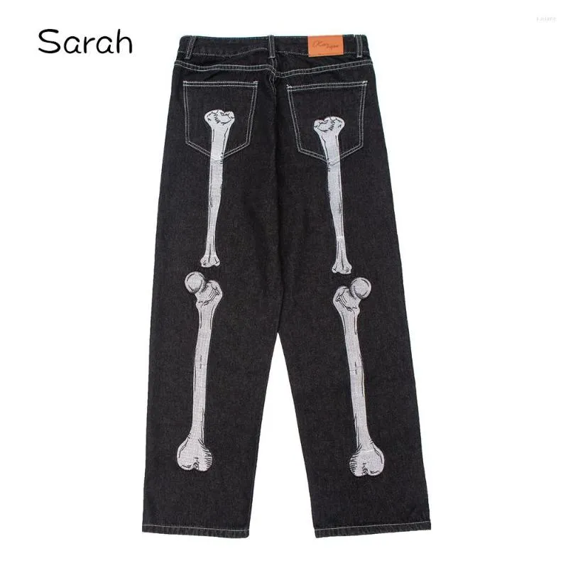 Jeans masculino Sarah Skeleton bordado solto calça de perna larga moda casual 2023