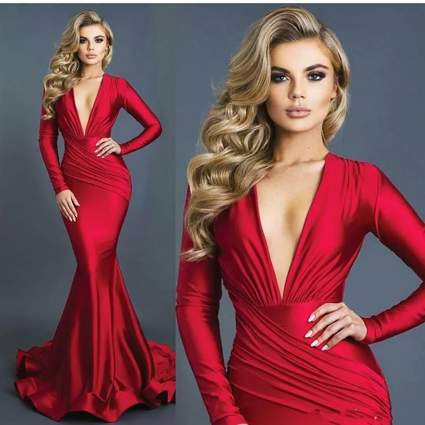 Sexy lange rote Meerjungfrau-Abendkleider, tiefer V-Ausschnitt, lange Ärmel, Spandex, formelles Kleid, Abendkleider, Abschlussballkleid, Vestidos, nach Maß 237Z