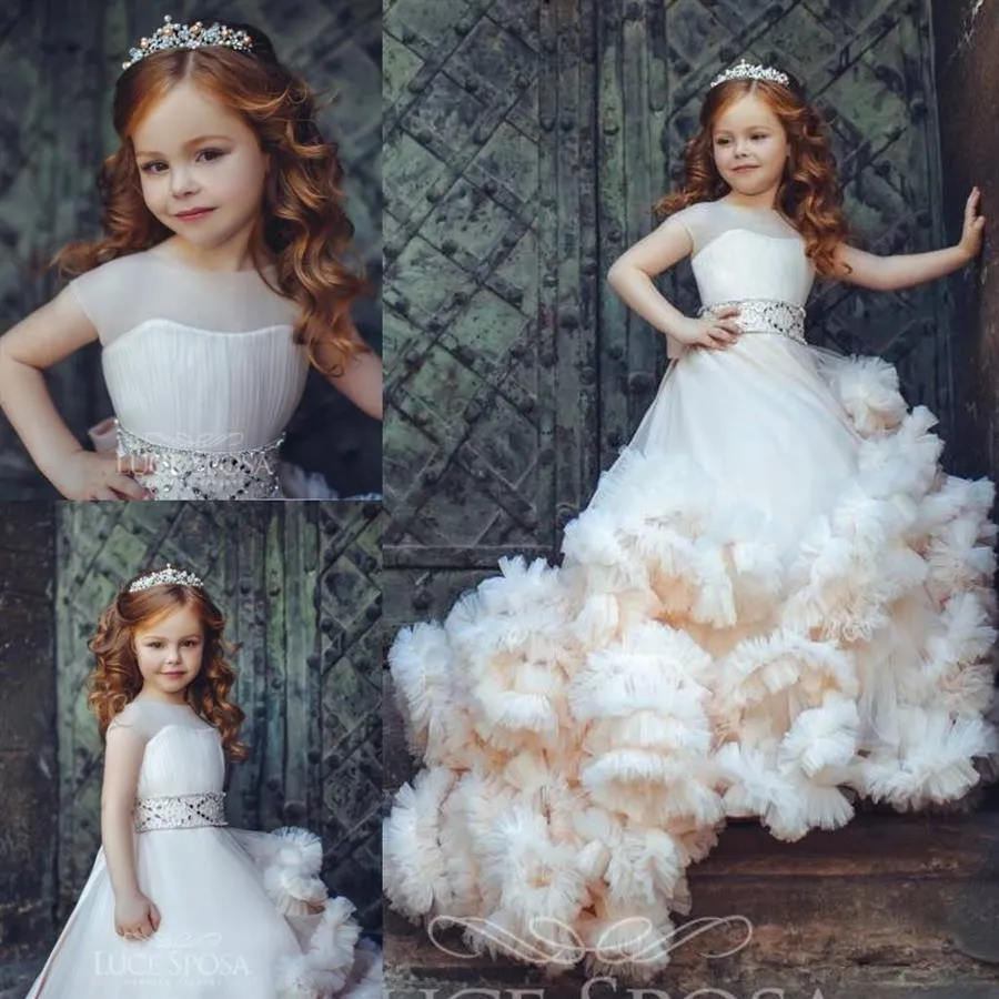 New Arrival Ruffled Flower Girl Dresses Special Occasion For Weddings Pleated Kids Pageant Gowns Ball Gown Tulle First Communion D276L