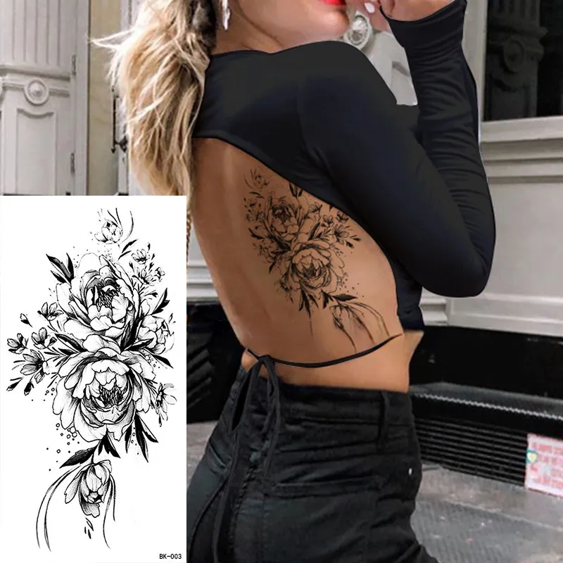 Adesivo de tatuagem falsa de padrão de flor preta de tamanho grande para mulheres Tatuagens temporárias de rosa peônia faça você mesmo Tatuagens de transferência de água para meninas