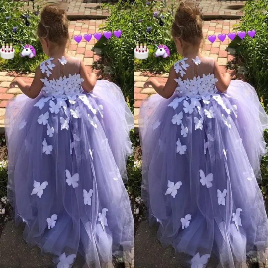 Purple 7 Year Old Ball Gown Flower Girl Dresses Tulle 3D Floral Appliques Pageant Gowns Butterfly Communion Fancy Dress Costumes241z