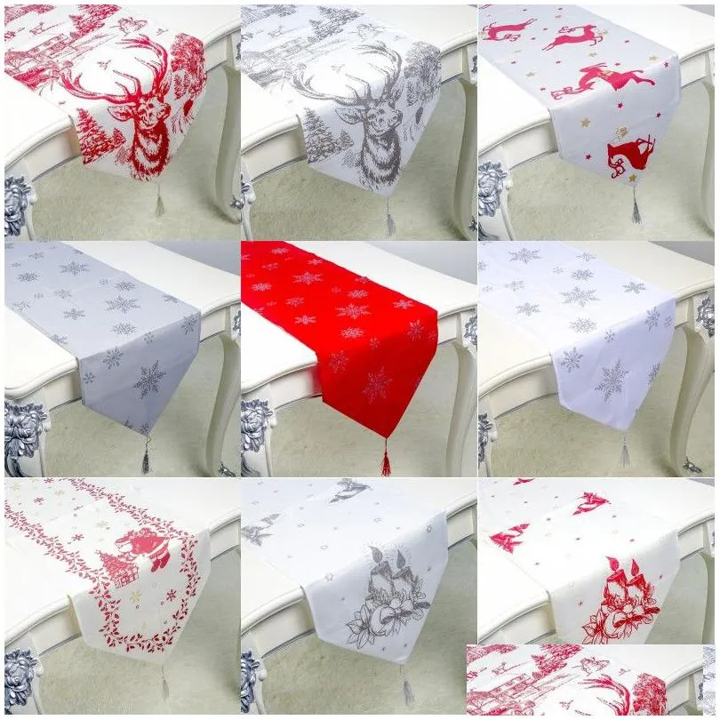 Decorações de Natal Caminho de Mesa 35X200 Cm Vermelho Branco Alce Floco de Neve Toalha de Mesa Bandeira de Natal Decoração de Poliéster Drop Delivery Home G Dhuhq