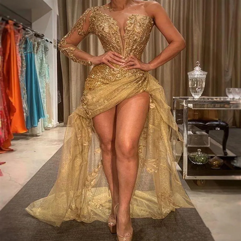 2020 Gold Sexy African Prom Pageant Kleider High Low Spitze Applikationen One Shoulder Abendkleid Sheer Langarm Formelle Kleidung Roben 308H