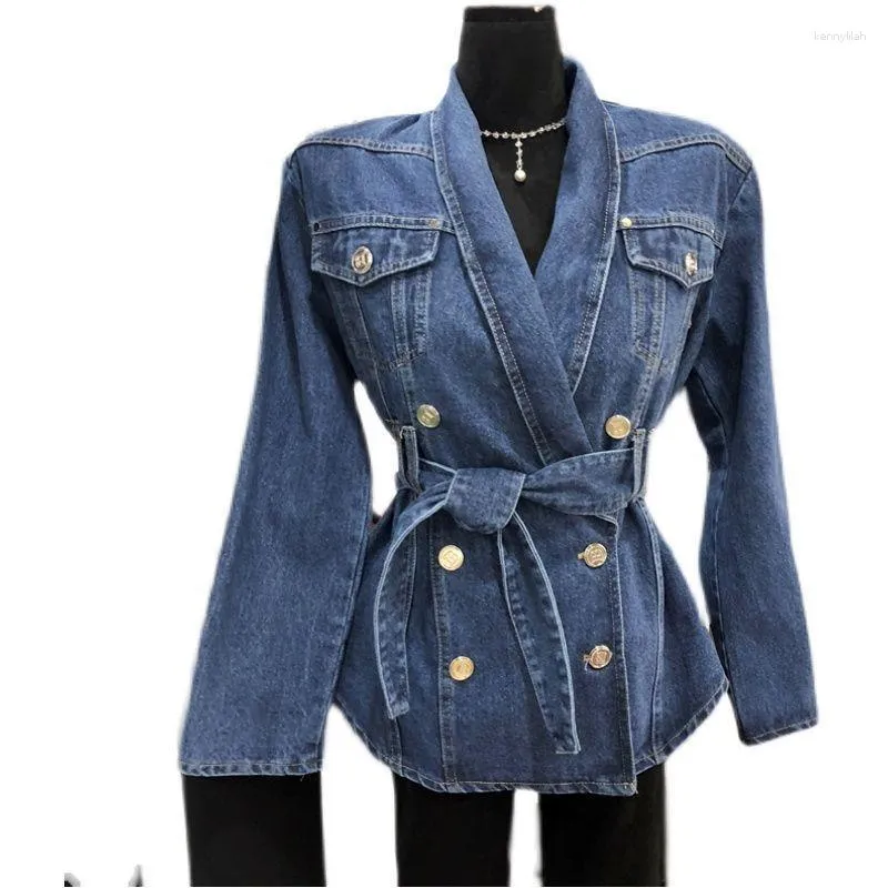 Kvinnorjackor Retro Autumn Double Breasted Denim Blazers Coat Stäng ner krage kostymer jacka jeans cardigan cowboy spets upp toppar jaqueta