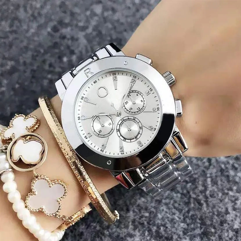 Fashion Wrist Watch for Women Girl Crystal 3 Dials Style Steel Metal Band Quartz Watches P58288E