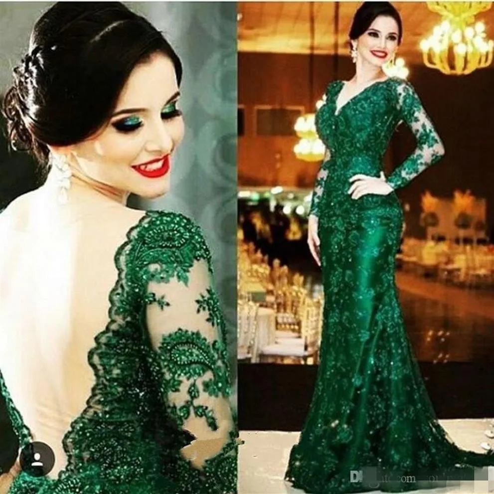 Elegant Emerald Green Lace Evening Dresses V Neck Long Sleeves Open Back Mermaid Court Train Formal Gowns Mother of the Bride Dres278Z