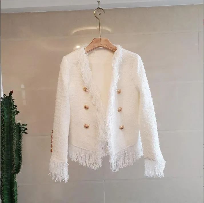 708 2023 automne piste marque même Style femmes manteau Tweed rayé à manches longues col en V blanc mode vêtements de haute qualité femmes huilin