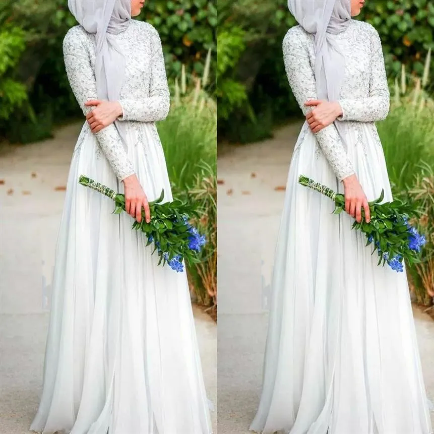 Muslim Wedding Dresses With Hijab Simple Pure White Beaded C rystals High Neckline Long Sleeve Chiffon Islamic Wedding Dress294Z