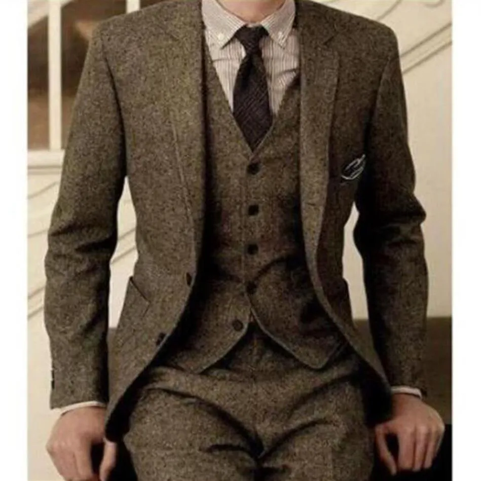 Vintage Men Suits Tuxedos wełna Tweed 3-częściowy brązowy garnitur jodełka