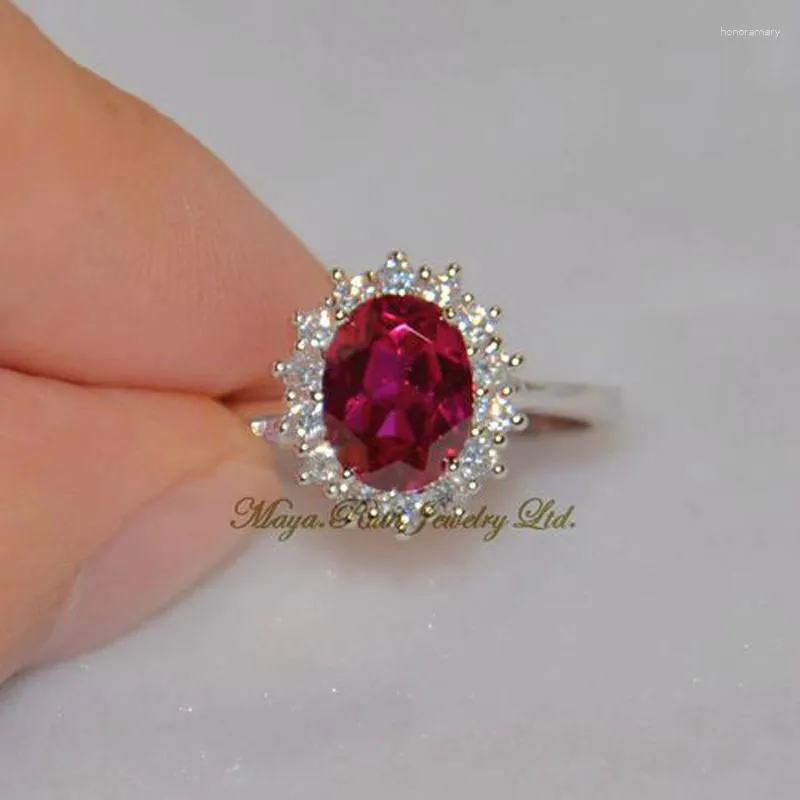 Cluster Ringen Elegante Vrouwelijke Prinses Cut 3.2ct Gemaakt Red Ruby Ring Originele 925 Sterling Zilveren Bruiloft Verlovingsband Bruid Fijn