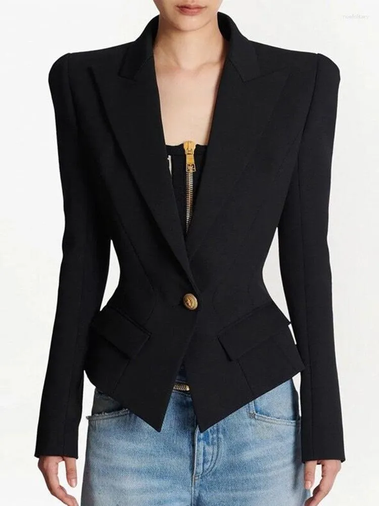 Kvinnors kostymer 2023 Gold Lion Button Blazer One Slim Fit Black White Pink Suit Fashion Formal Office Business Coat Jacket Women Blazers