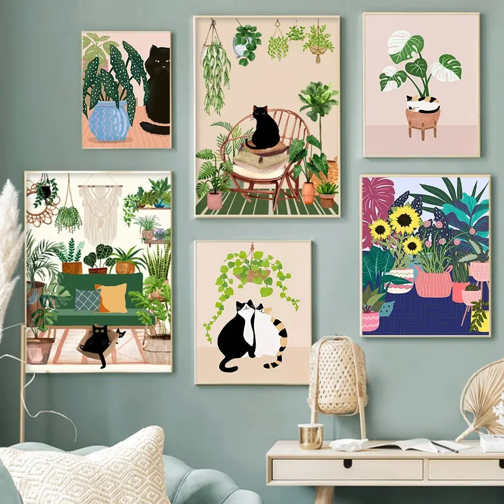 Sevimli Kediler Tuval Boyama Tropik Botanik Bitki Posterler ve Baskı Kedi Lover Hediyeleri Mutfak Dekorasyon Duvar Sanat Resimleri Oturma Odası Ev Dekoru W06