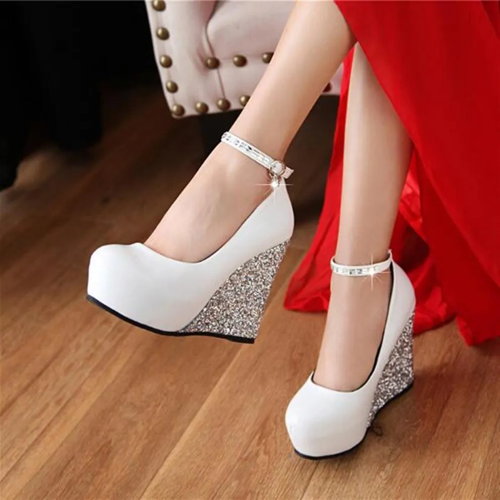 White Wedding Shoes Glittering Wedge Heel Rhinestones Bride Hasp Waterproof A word buckle High heels Female 3 colors280E