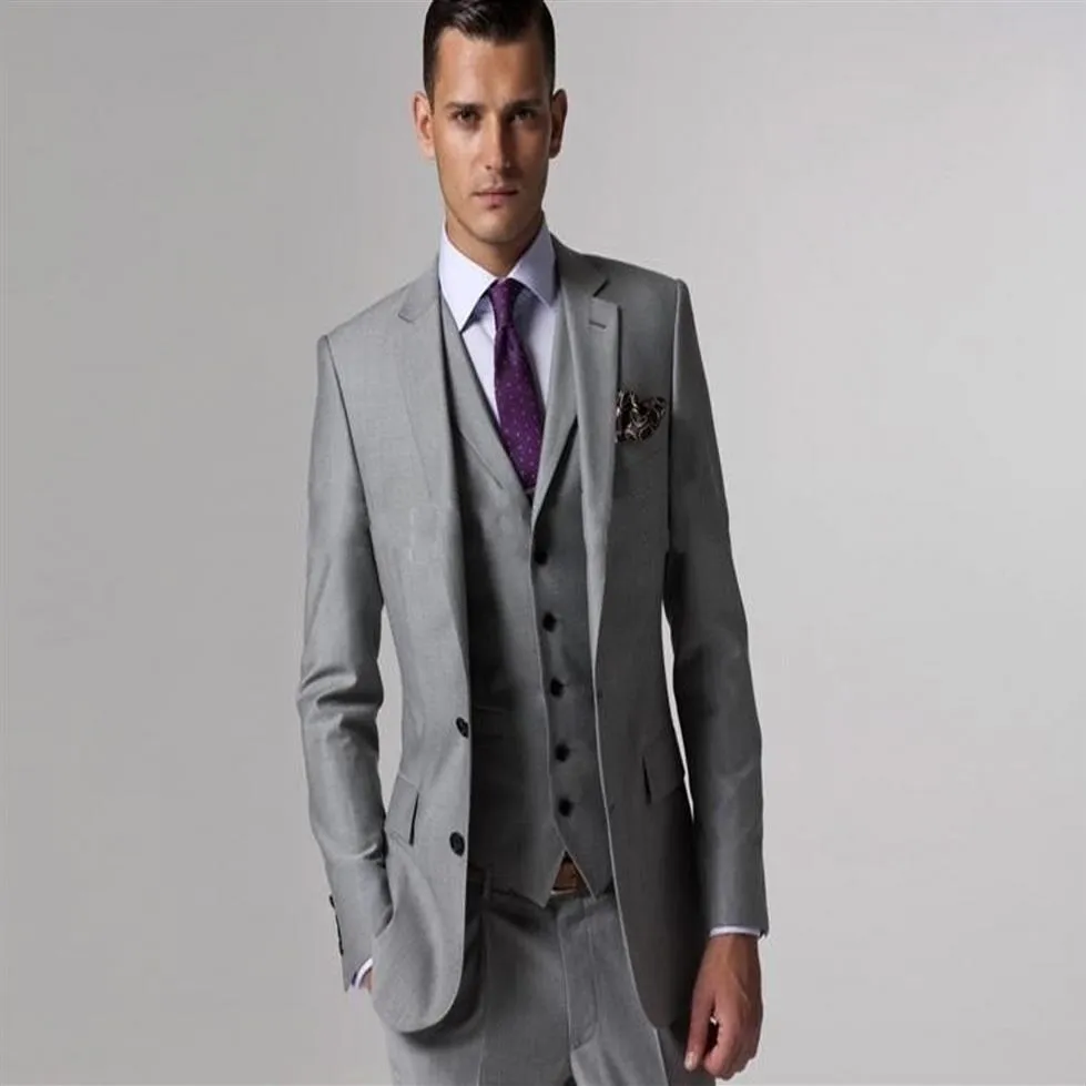 Guapo ventilación lateral gris claro novio esmoquin padrino muesca solapa hombre traje boda hombres Blazer trajes chaqueta pantalones Vest278Z