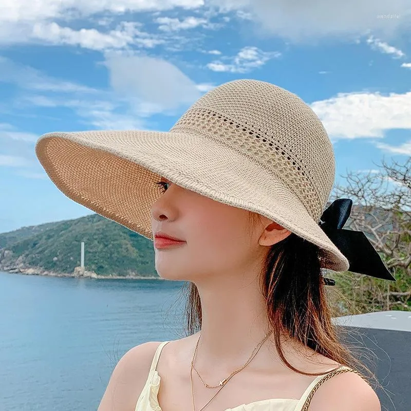 Wide Brim Hats Summer Outdoor Fashion Beach Bow Bucket Hat Women Lady Mesh Hollow Empty Top Folding Sun Panama Fisherman Cap Straw