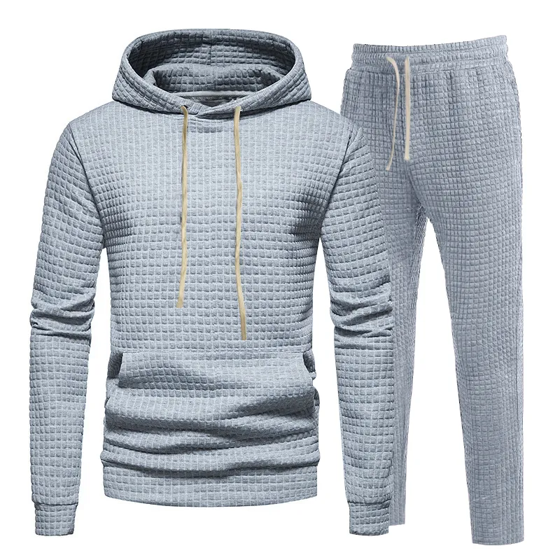 Men s Tracksuits 2023 Cross border Spring and Autumn Jacquard Small Checkered Hoodie Pants Casual Sports Set 230721