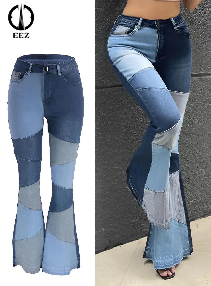 Jeans da donna Stretch Patchwork Flare Blu Per donna Casual Slim Vita alta Retro Streetwear Sexy Hip Lifting Mom Y2k Pantaloni Denim