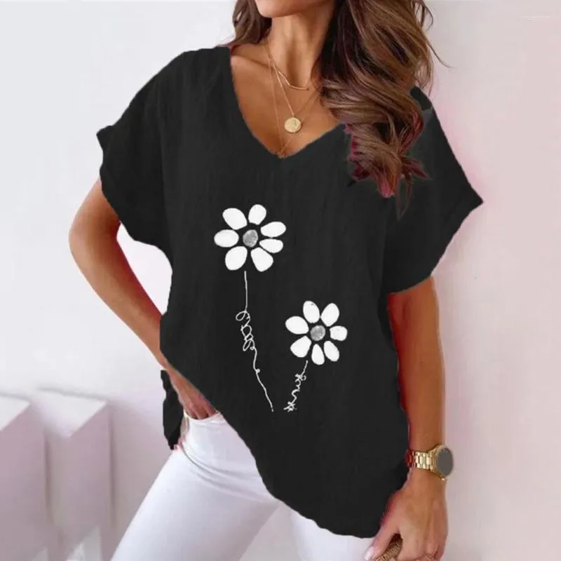 Chemisiers pour femmes T-shirt d'été pour femmes T-shirt à col en V à fleurs Doux Respirant Décontracté Haut mi-long Quotidien