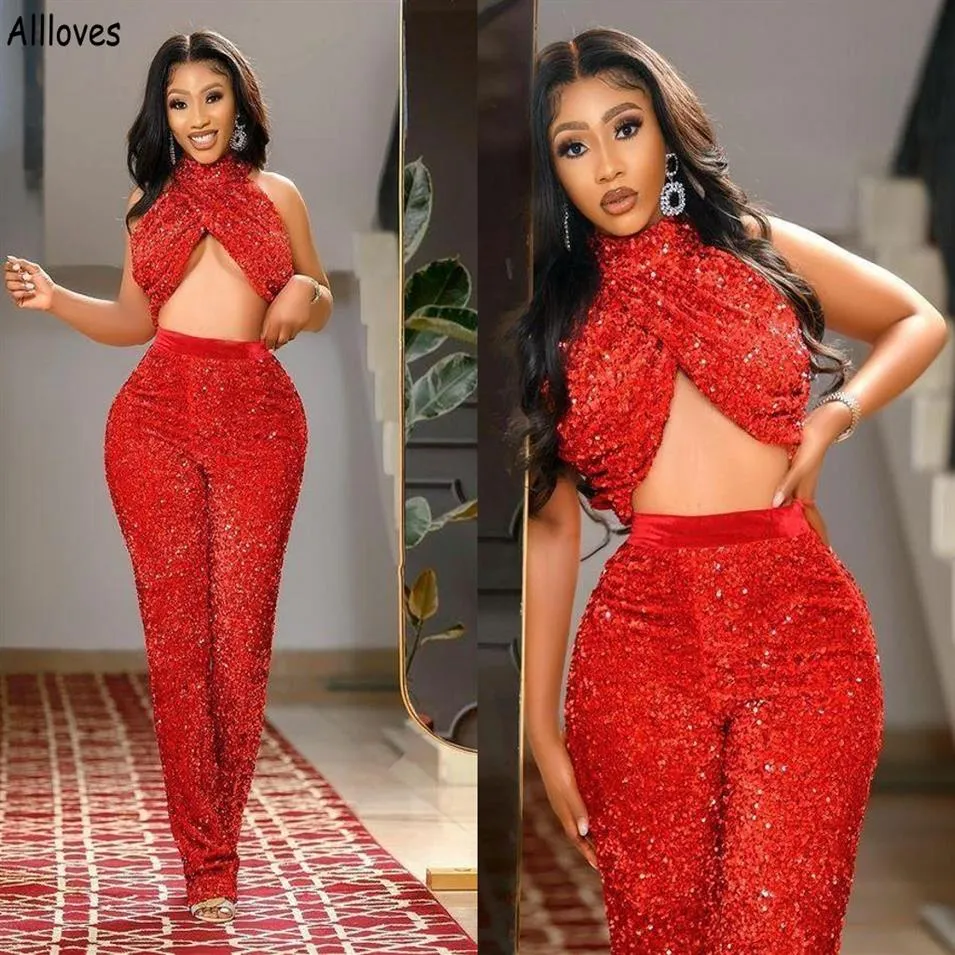 Glitter Red paljetterade två stycken Prom Dresses Pantsuits Halter Sexig Arabiska aso ebi Speical Endan Evening Gowns Women Plus Size J287s