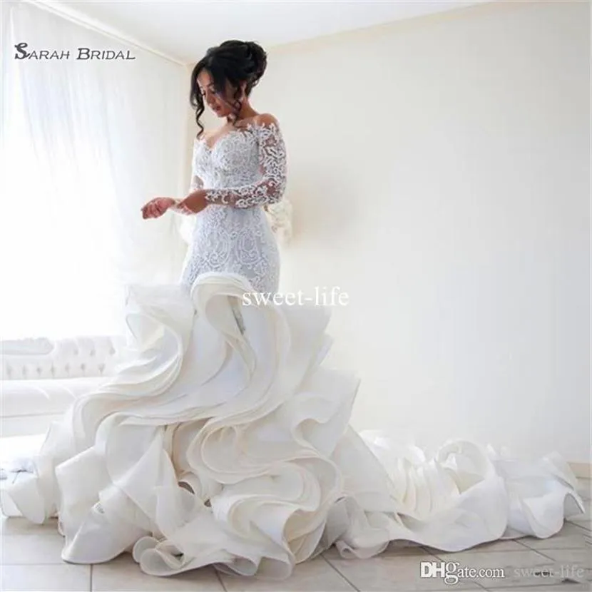 Plus -storlek sjöjungfru bröllopsklänningar spetsar organza rufsade långa ärmar vestido de noiva romantisk anpassad storlek slitage302j