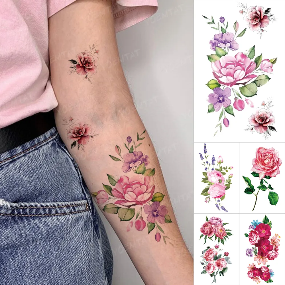 Realistic Peony Rose Flower Transfer Tattoo Watercolor Lavender Temporary Tatto Sticker Body Art Flash Tatoo Wrist Arm Men Women