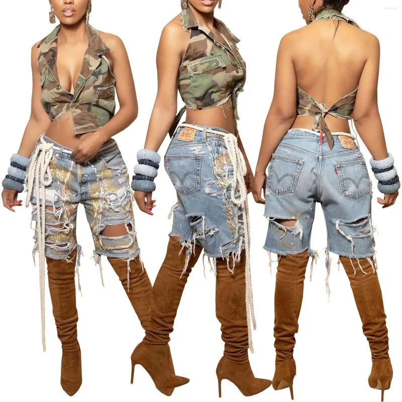 Women's Jeans Casual Women Knee Length Hollow Out Ripped High Waist Streetwear Slim Bodycon Clothes For Outfit