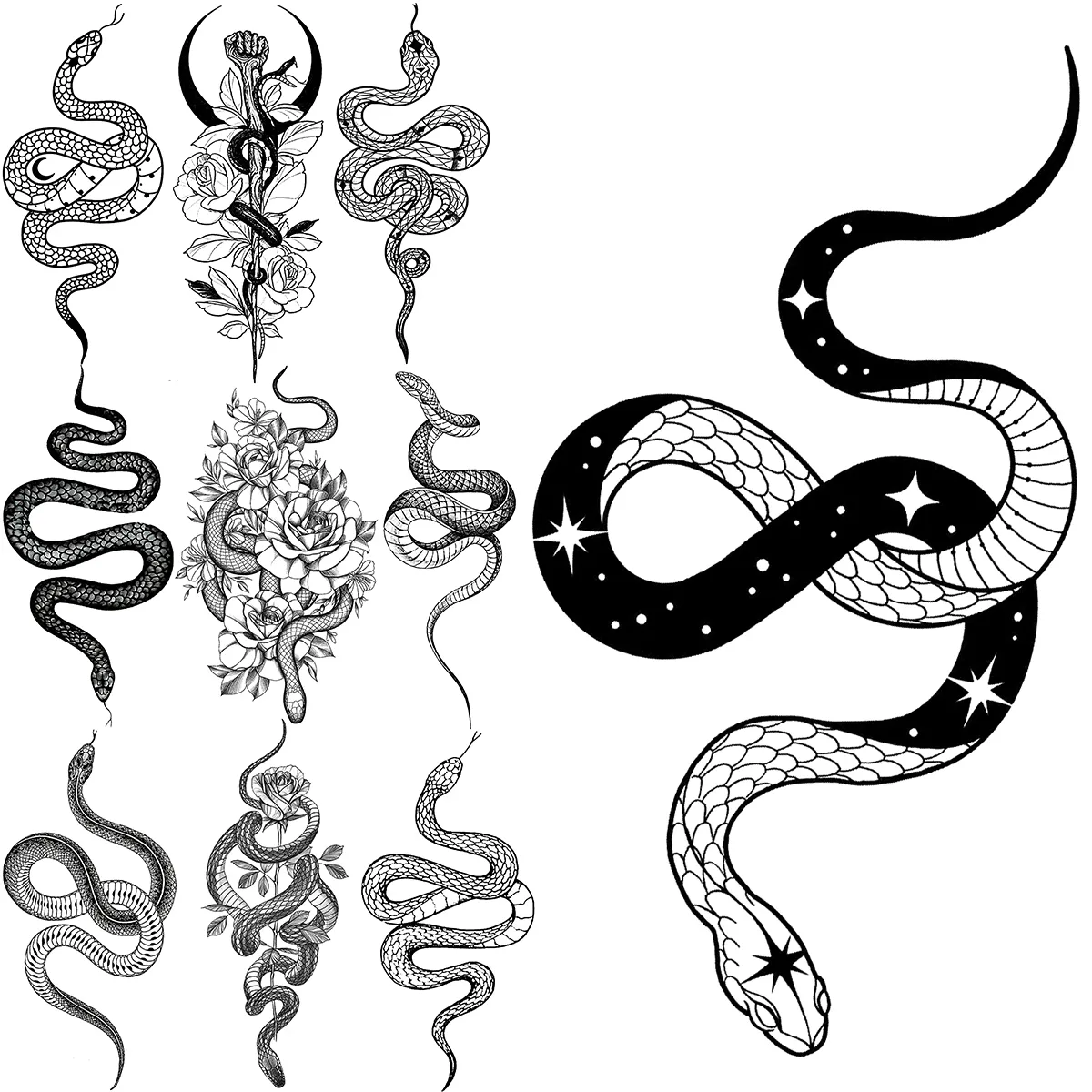 Noir étoile serpent tatouages temporaires pour femmes hommes réaliste lune Serpent étanche faux tatouage autocollant main cou Tatoos petit