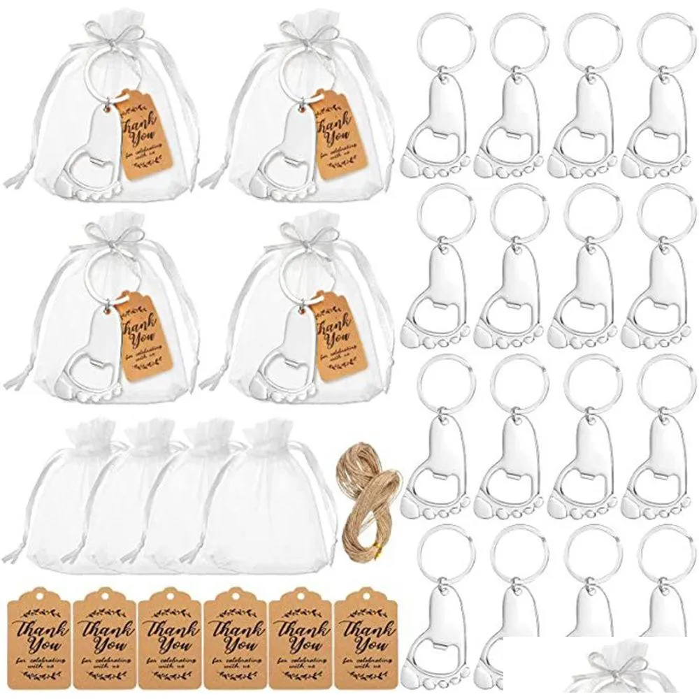 Openers Wholesale Footprint Keychain Bottle Opener Baby Shower Favors For Guest Supplies And Decorations With Organza Bags Tags Rope Dh0Pw