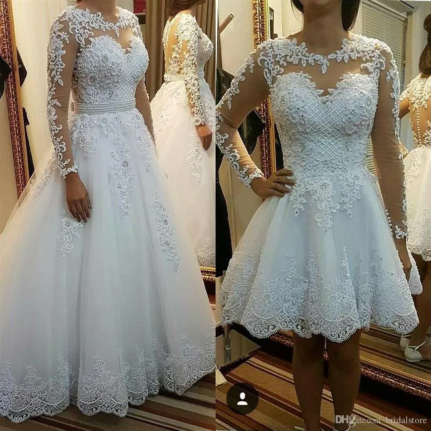 vintage długie rękawowe krótkie suknie ślubne Zdejmowana spódnica plaża boho puffy tiul koronka plus country w rozmiarze guziki Bridal G344E