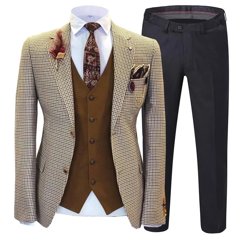 Najnowsze mężczyzn garnitury 3 sztuki Plaid Młówą garnitury Slim Fit Solid Lapel Solid Prom Wedding Tuxedos Brown Vest Men Suit Setjacket 275h